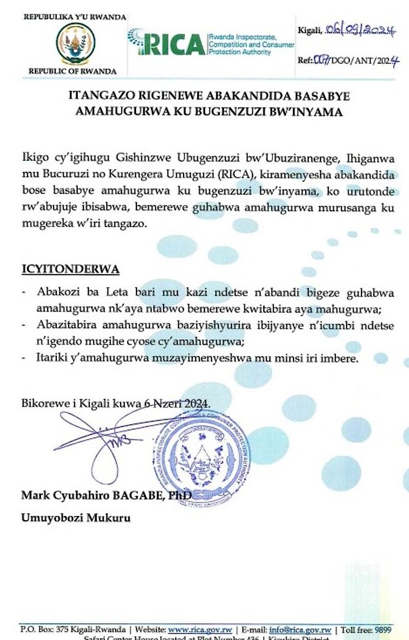 ITANGAZO RIGENEWE ABAKANDIDA BASABYE AMAHUGURWA KU BUGENZUZI BW'INYAMA